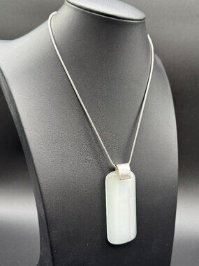 Silver Tone Necklace Large Rectangle White Cat's Eye Moonstone Pendant